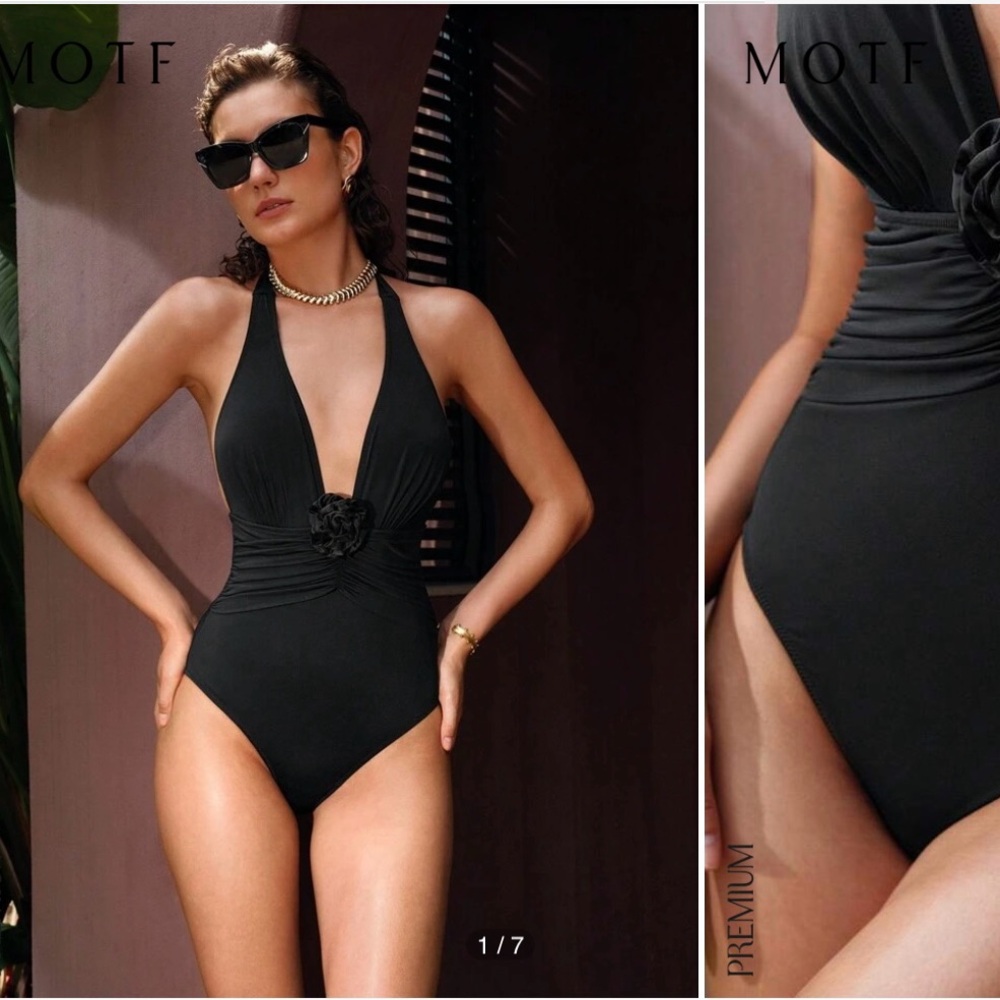MOTF Black Halter Swimsuit with Floral Accent